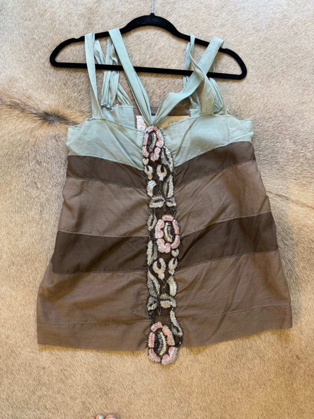 Beaded Floral Strapless Top in Brown and Mint by Pete & Greta Size M